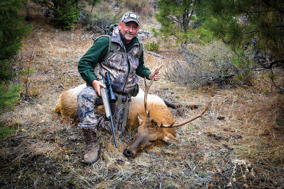 Russ McClellan shot his Idaho bull after an all-day stalk that led up to the peak of a mountain and back down the other side. It was his first Idaho wilderness elk. A few days later he filled his second nonresident tag.